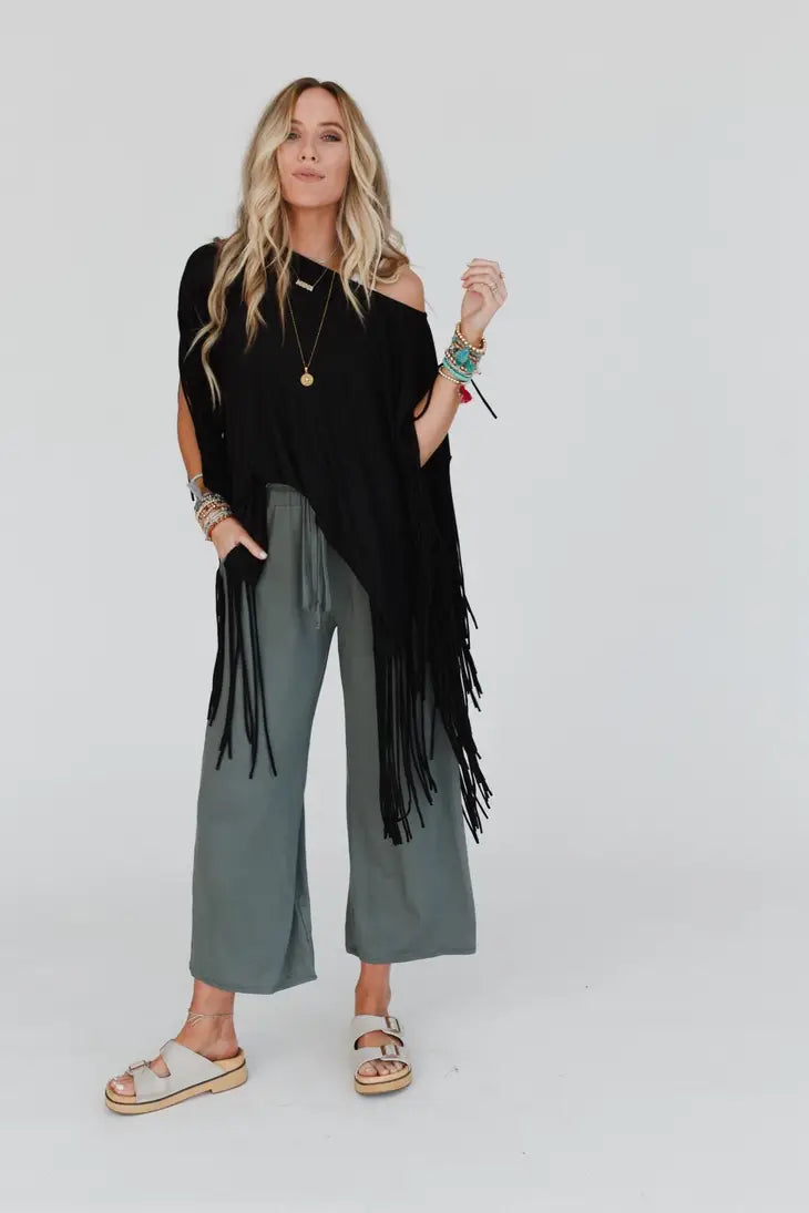 Punchy Twist Black Fringe Top