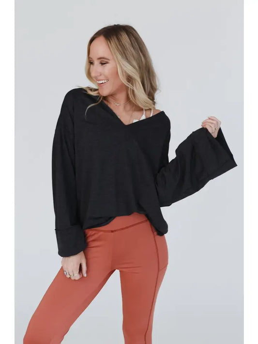 Love It V Neckline Sweater Top - Charcoal